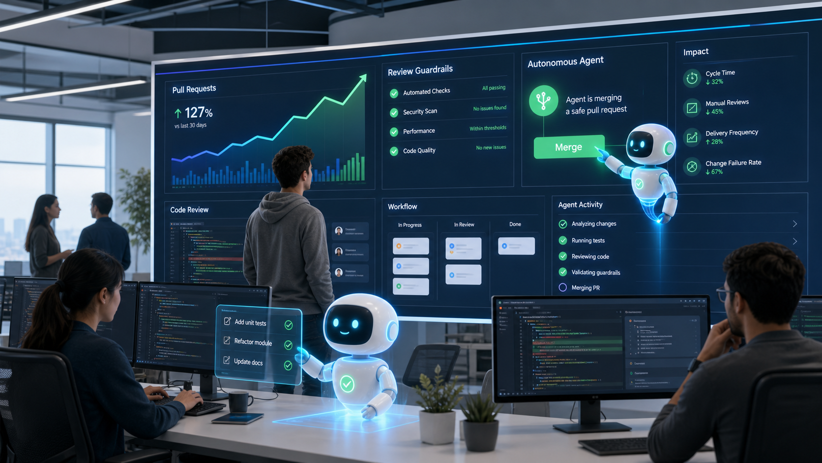 Software engineering leaders and AI agent teammates reviewing pull request charts, automated guardrails, workflow boards, and autonomous code delivery dashboards in a modern operations room