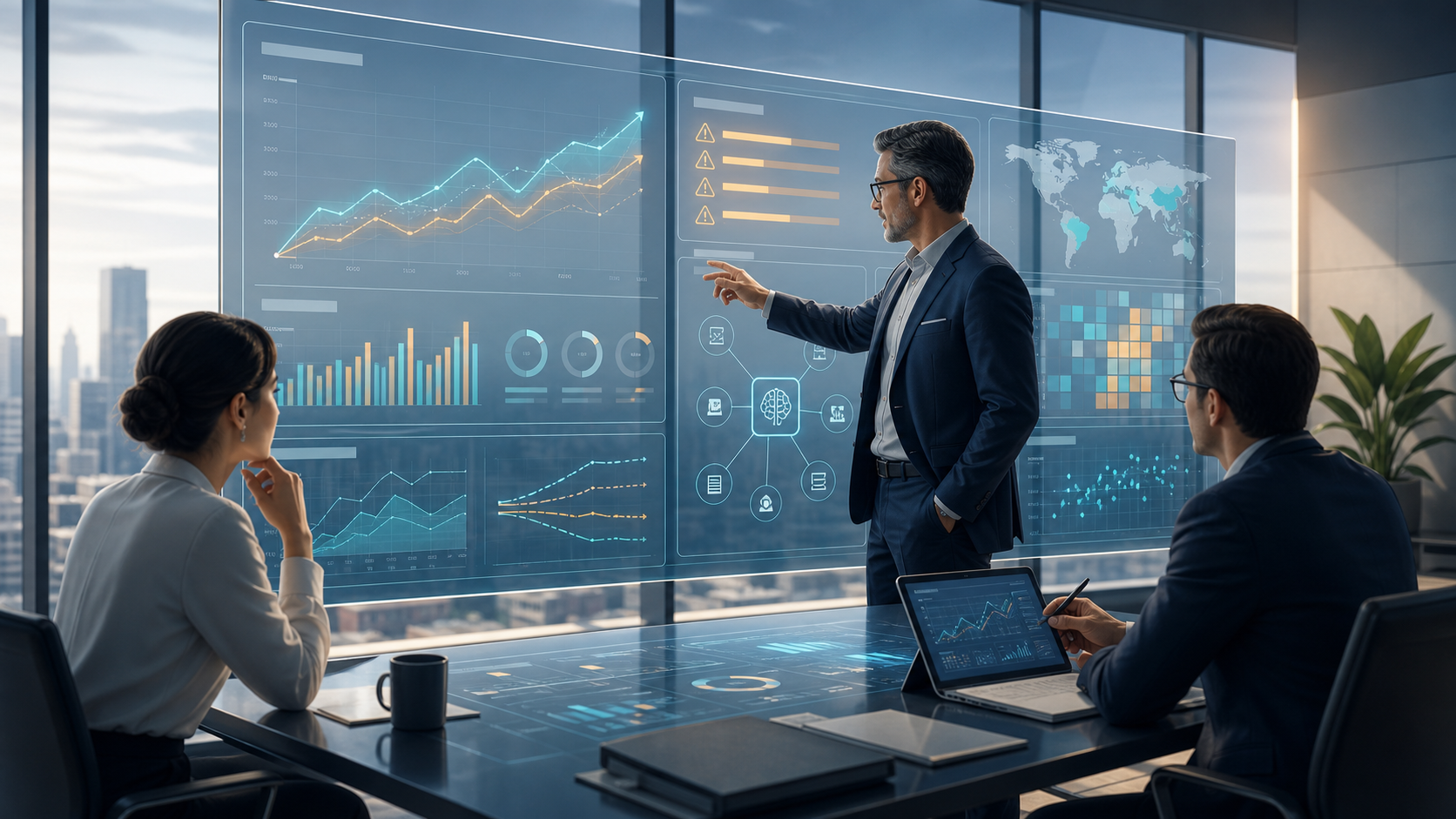 Finance analysts and an executive reviewing AI-assisted portfolio dashboards, scenario models, revenue trend charts, and risk signals in a modern strategy room