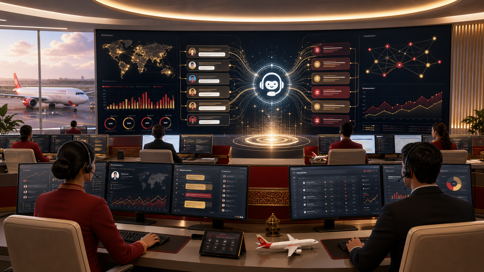 Airline customer-service teams monitoring AI-assisted support dashboards, ticket routing, and passenger service analytics in a premium operations center