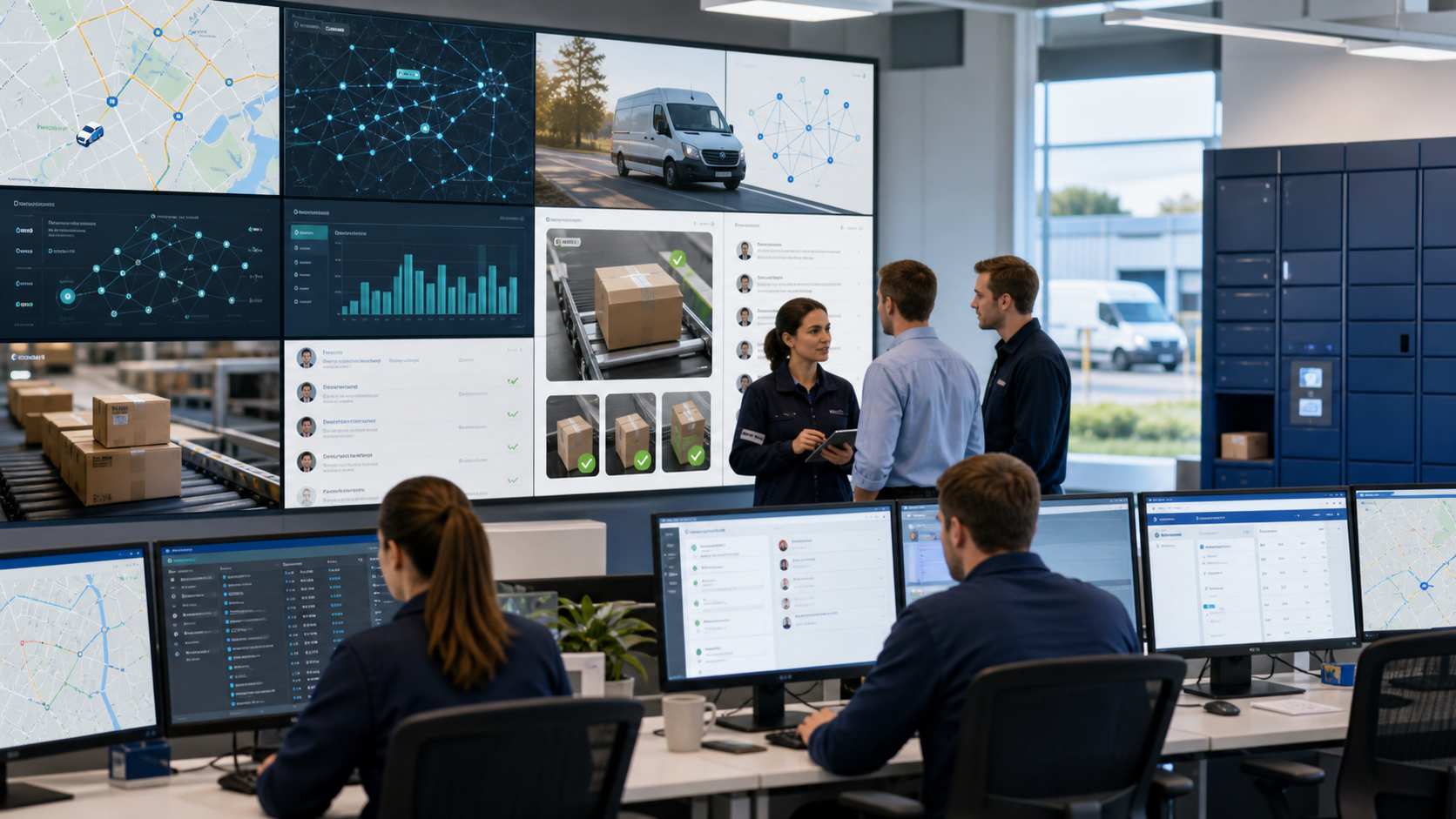 Logistics teams reviewing AI-assisted parcel-routing dashboards, package verification panels, and customer-service workflow analytics in a modern operations control room