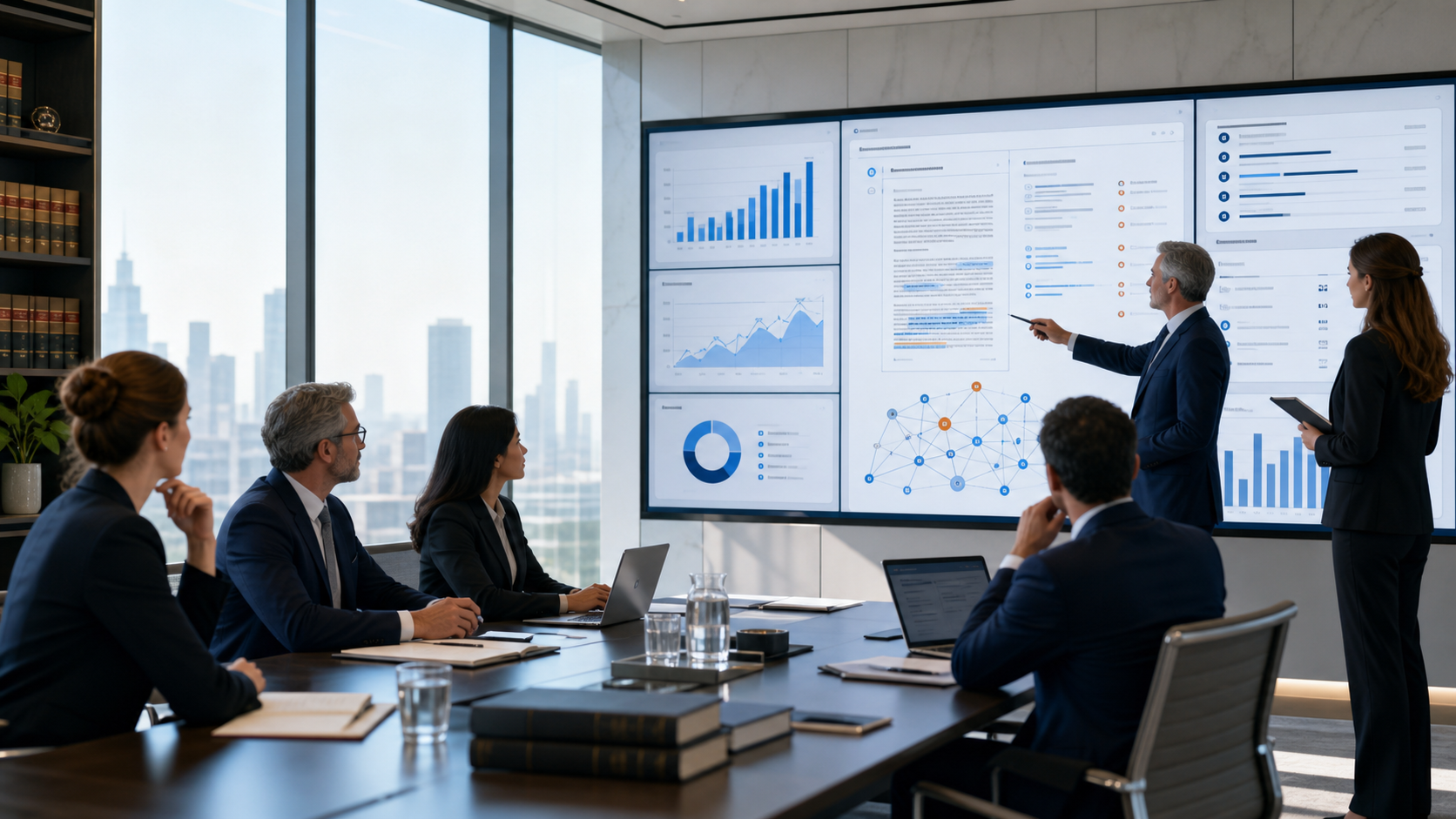 Senior lawyers and legal operations staff reviewing AI-assisted legal research dashboards, document analysis panels, case timelines, and adoption metrics in a modern strategy room