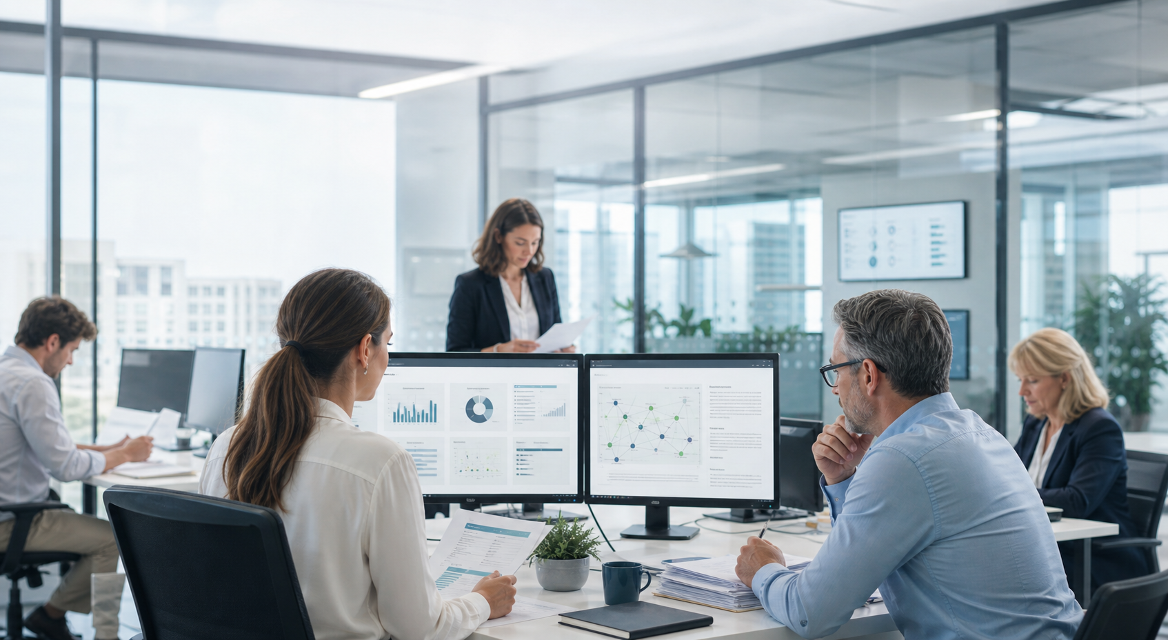 Insurance operations staff reviewing AI-prepared claims and underwriting dashboards, case files, and workflow analytics in a modern glass-walled office