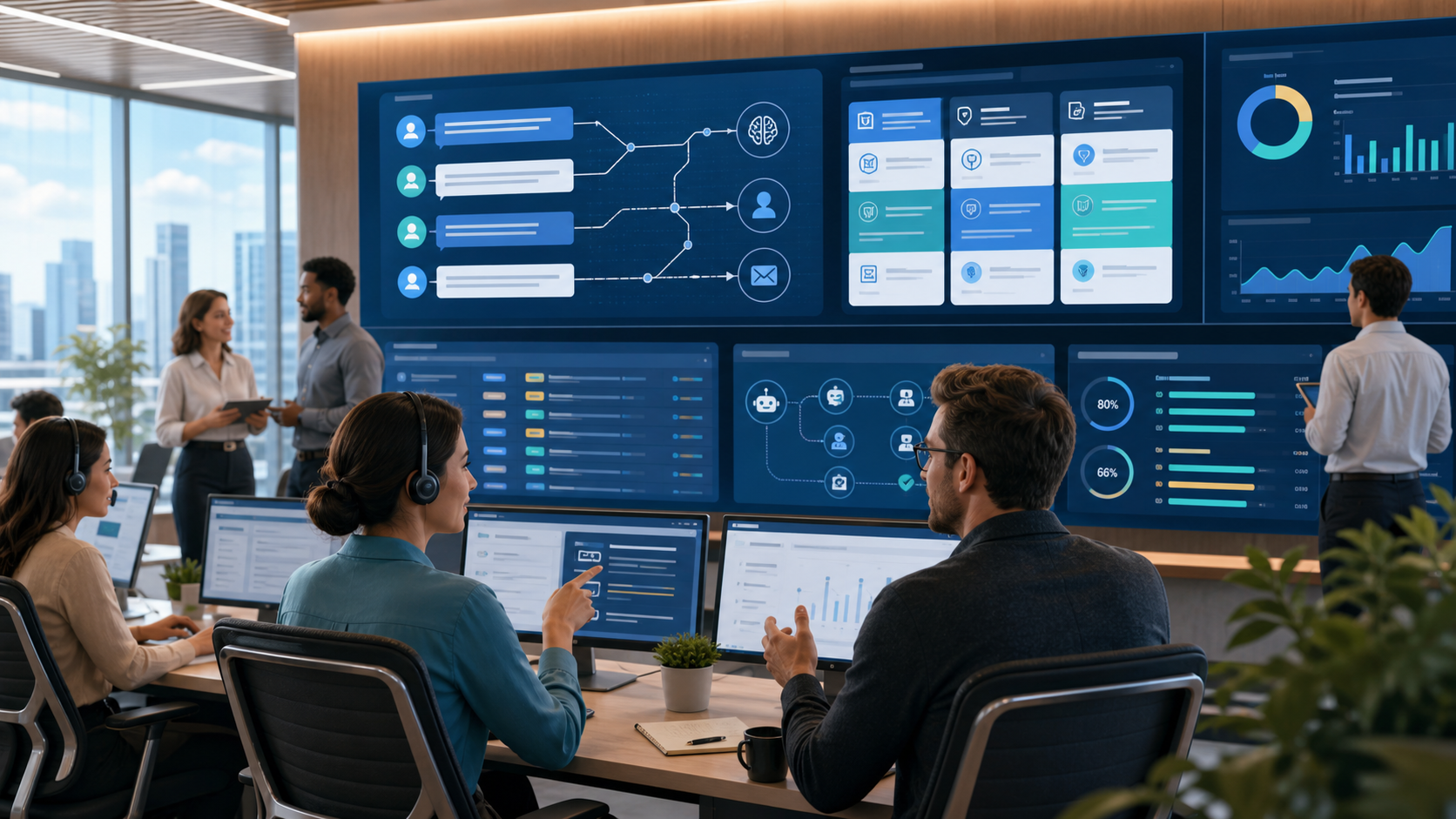 Enterprise support and operations teams working alongside AI self-service dashboards, knowledge cards, automation workflows, and productivity analytics in a modern control room