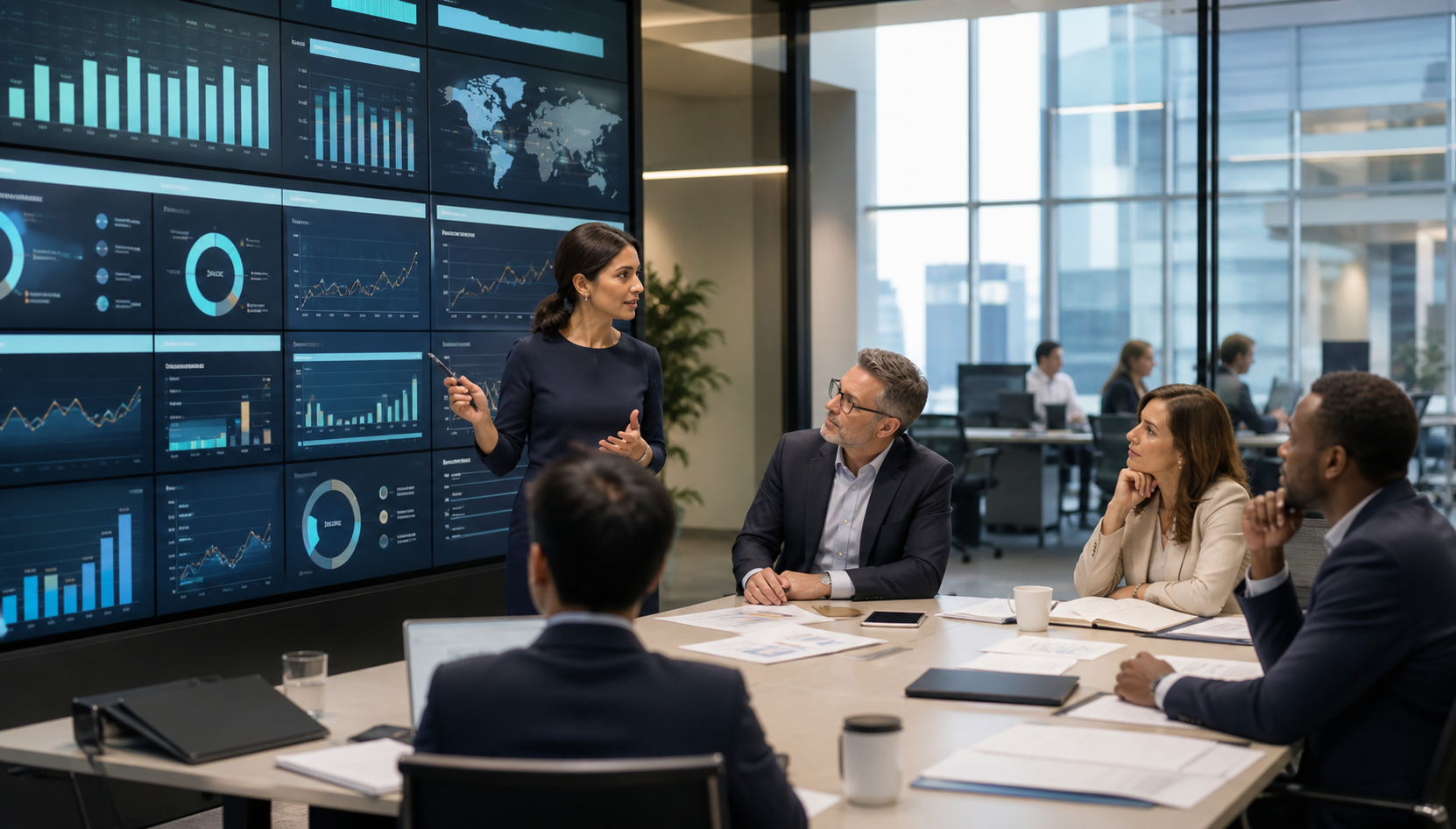 Professional services leaders reviewing AI workflow dashboards, global operations metrics, and enterprise service analytics in a modern strategy room