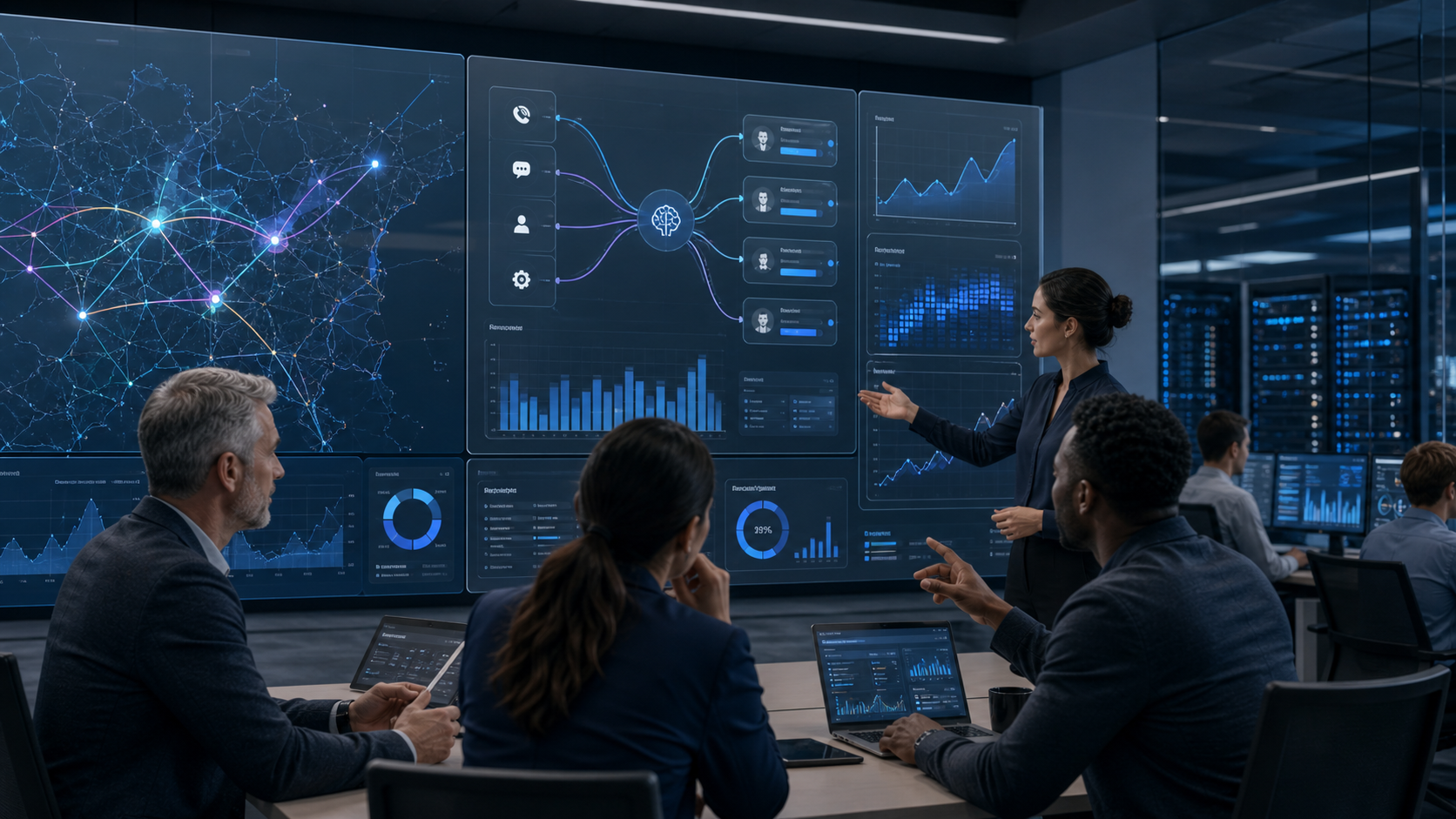 Telecom operations and customer-care leaders reviewing AI routing dashboards, network maps, cost-optimization charts, and service analytics in a modern operations center