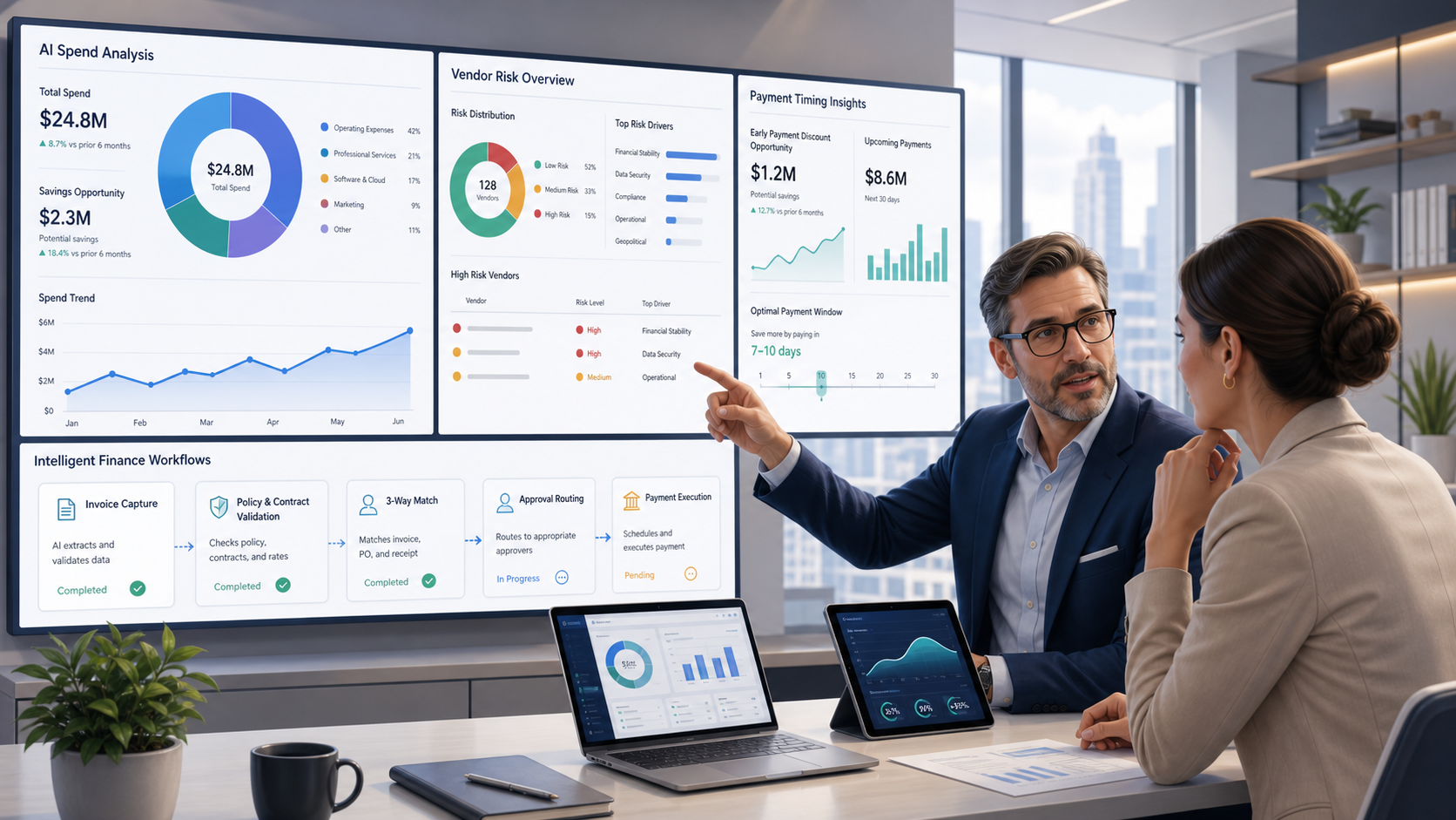 Finance software leaders reviewing AI spend analysis dashboards, vendor risk charts, payment timing insights, and workflow automation screens in a modern executive workspace