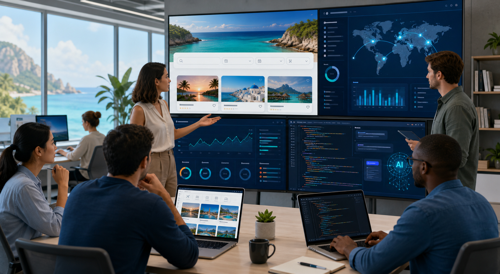 Travel technology product managers, marketers, and engineers collaborating around AI-assisted holiday search interfaces, deployment dashboards, and code workflows in a modern office