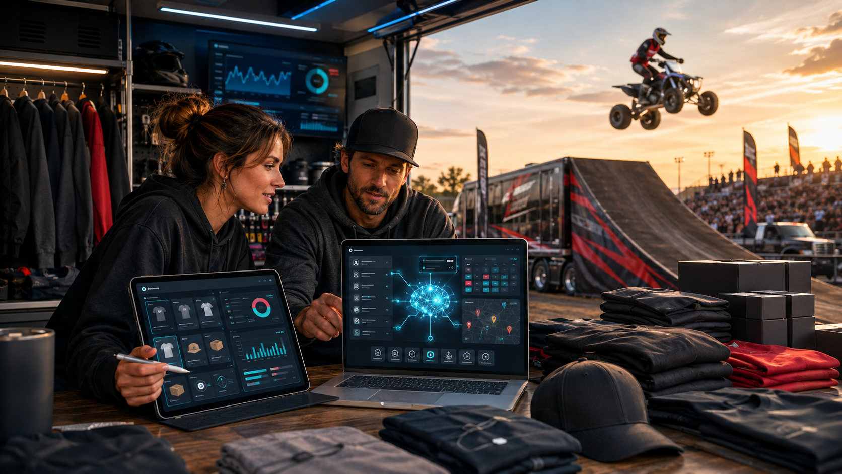 Two motorsports tour operators using AI inventory and event-planning dashboards beside merchandise and an outdoor ATV stunt arena