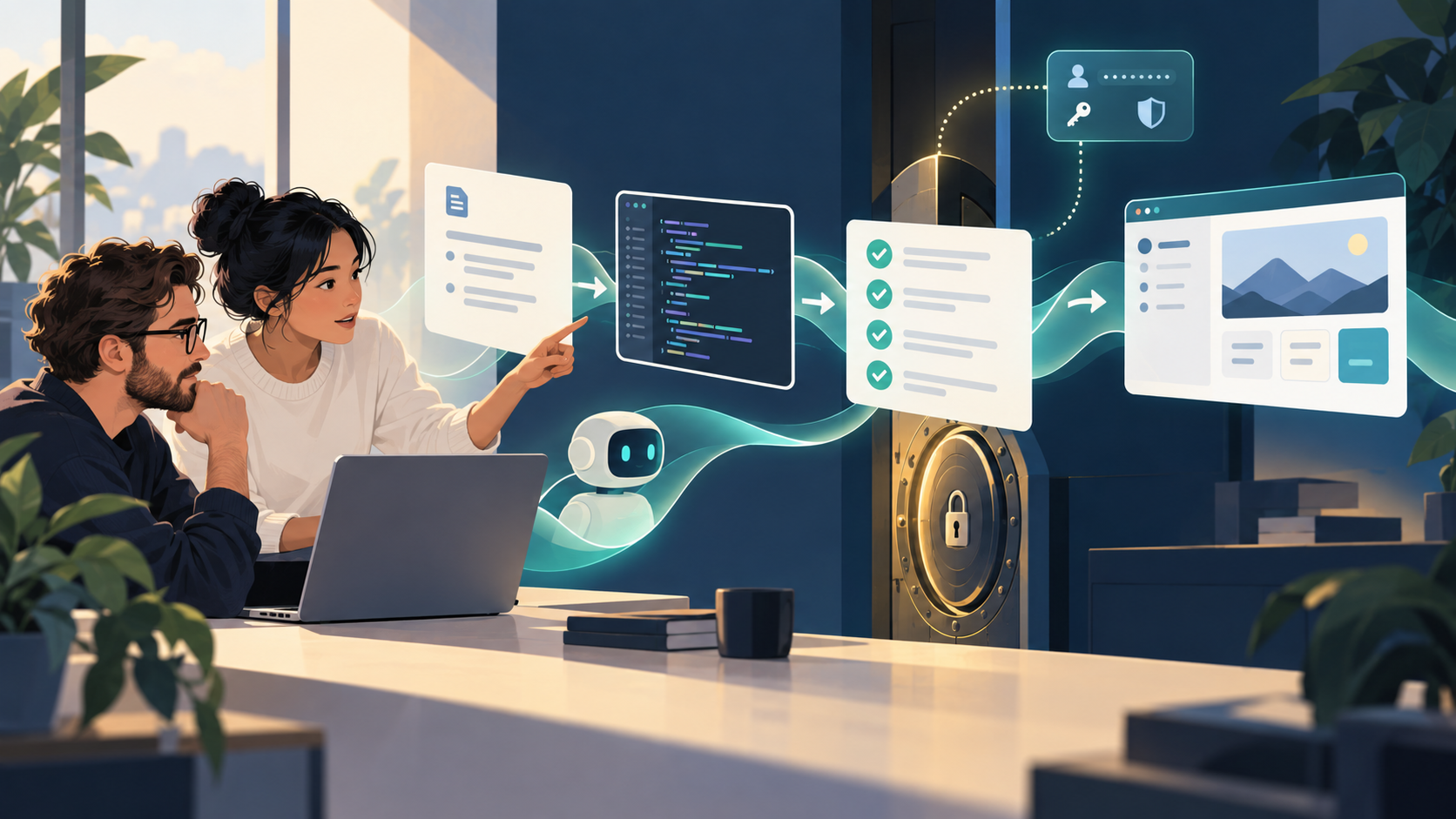 Conceptual illustration of engineers reviewing AI-assisted specifications, code and tests beside a secure credential vault
